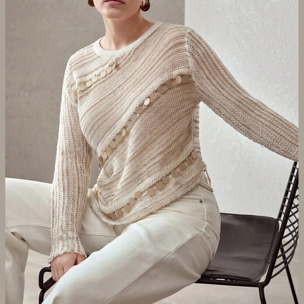 Cream Sequin Striped Loose Knit Long Sleeve Sweater